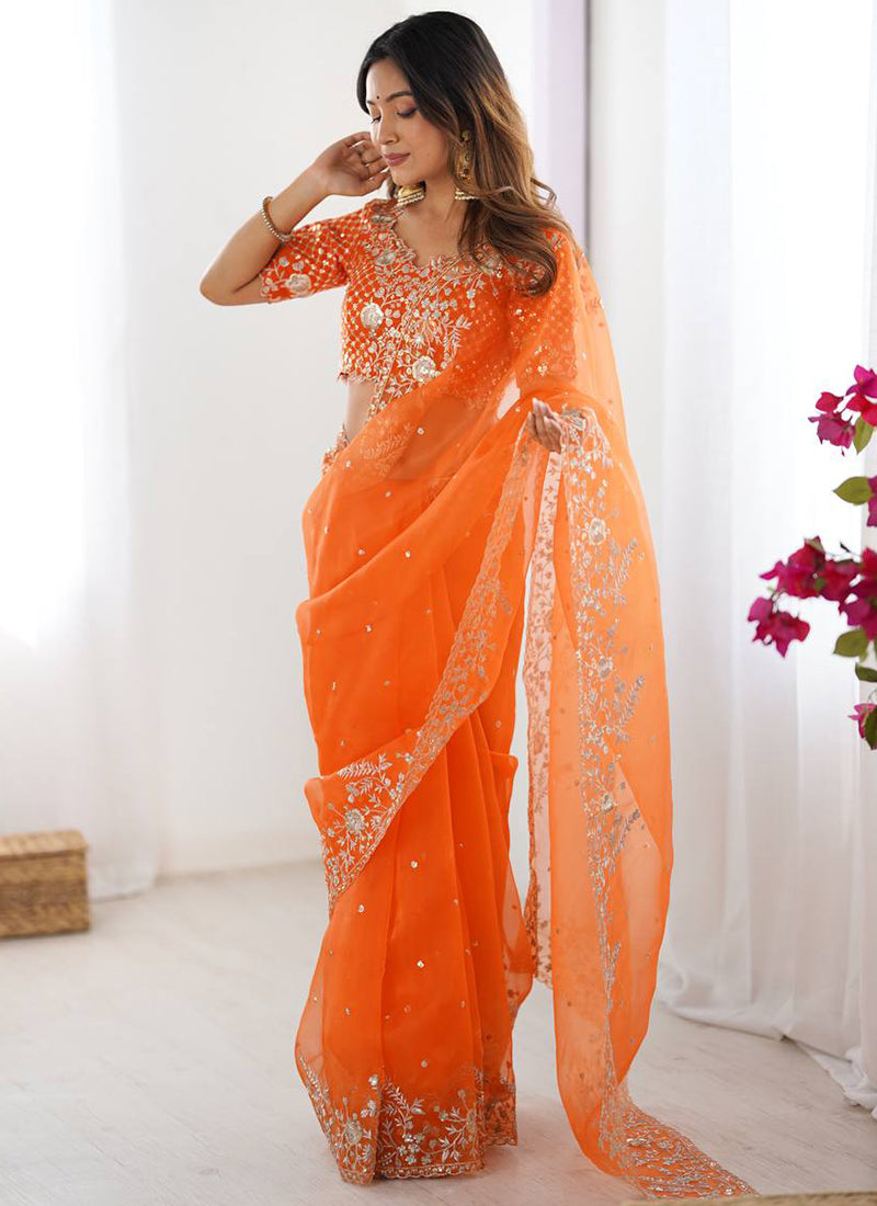 Orange Organza Sequins Work Casual Wear Saree SW569366