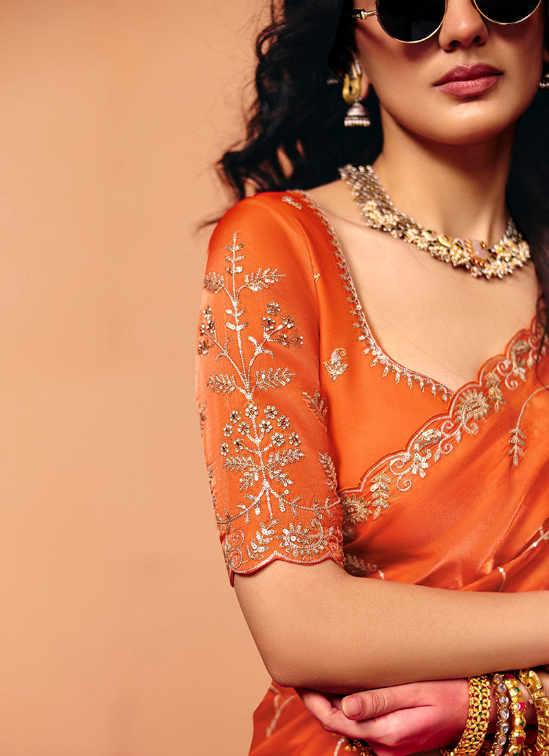 Orange Organza Sequins Work Party Wear Saree SW566793