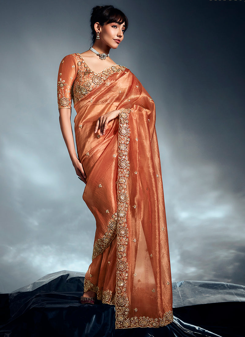 Organza Orange Saree with Sequin Work for Wedding Wear 383017