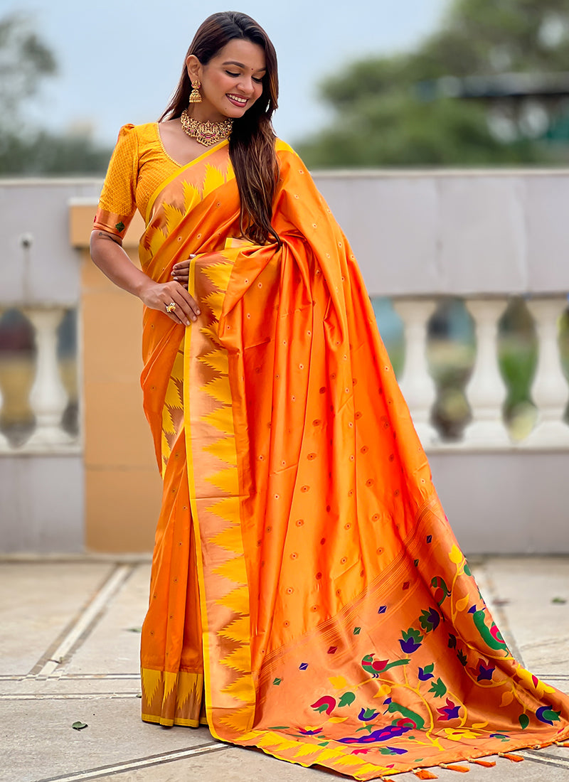 Paithni Silk Orange Saree with Weaving Work for Wedding Wear 382535