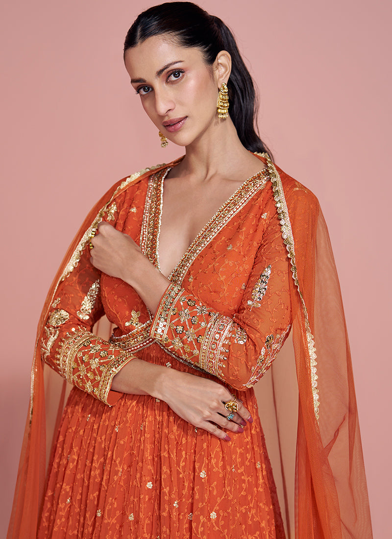 Real Georgette Orange Party Wear Embroidery Work Readymade Anarkali Gown 386701
