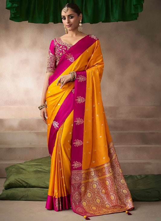 Satin Silk Orange Saree with Zari Work for Occasional Wear 383514