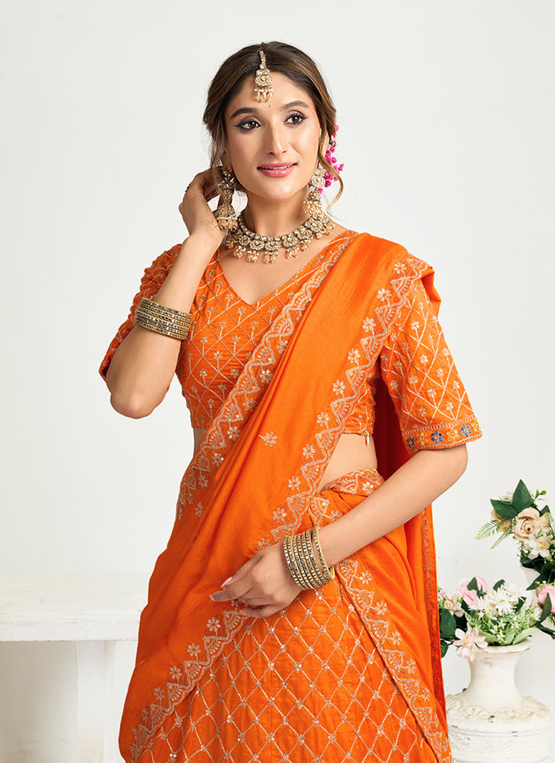 Silk Orange Party Wear Zari Embroidery Work Lehenga Choli 386037