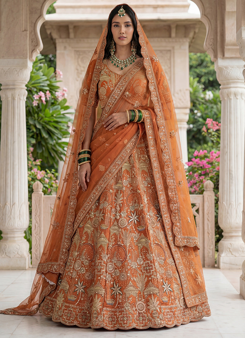 Orange Silk Embroidery Work Wedding Wear Lehenga Choli SW668263