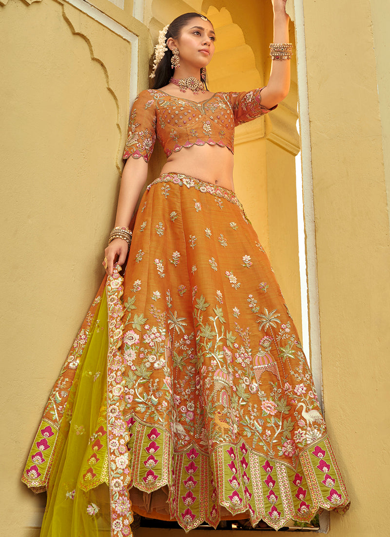 Silk Orange Wedding Wear Heavy Embroidery Cut Work Readymade Lehenga Choli 386495