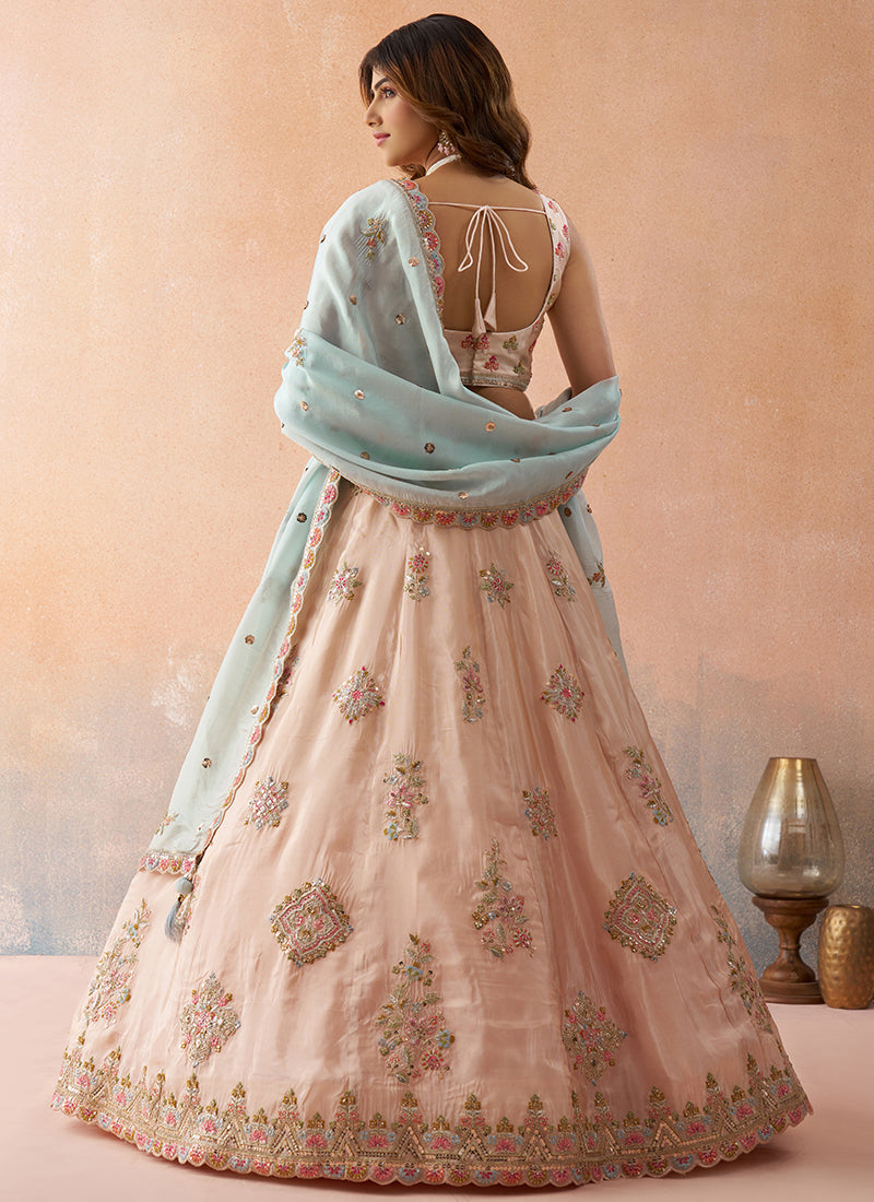 Lime Green Tissue Sequins Work Reception Wear Lehenga Choli SW751035