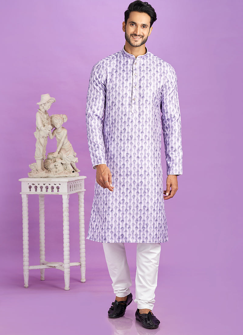 Purple Cotton Pintux Work Festival Wear Readymade Kurta Pajama SW696189