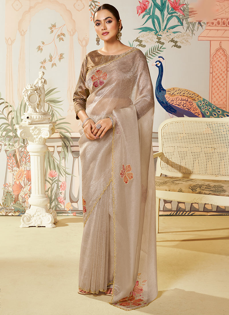 Silk Pale Gold Saree with Embroidery Work for Festival Wear 385027