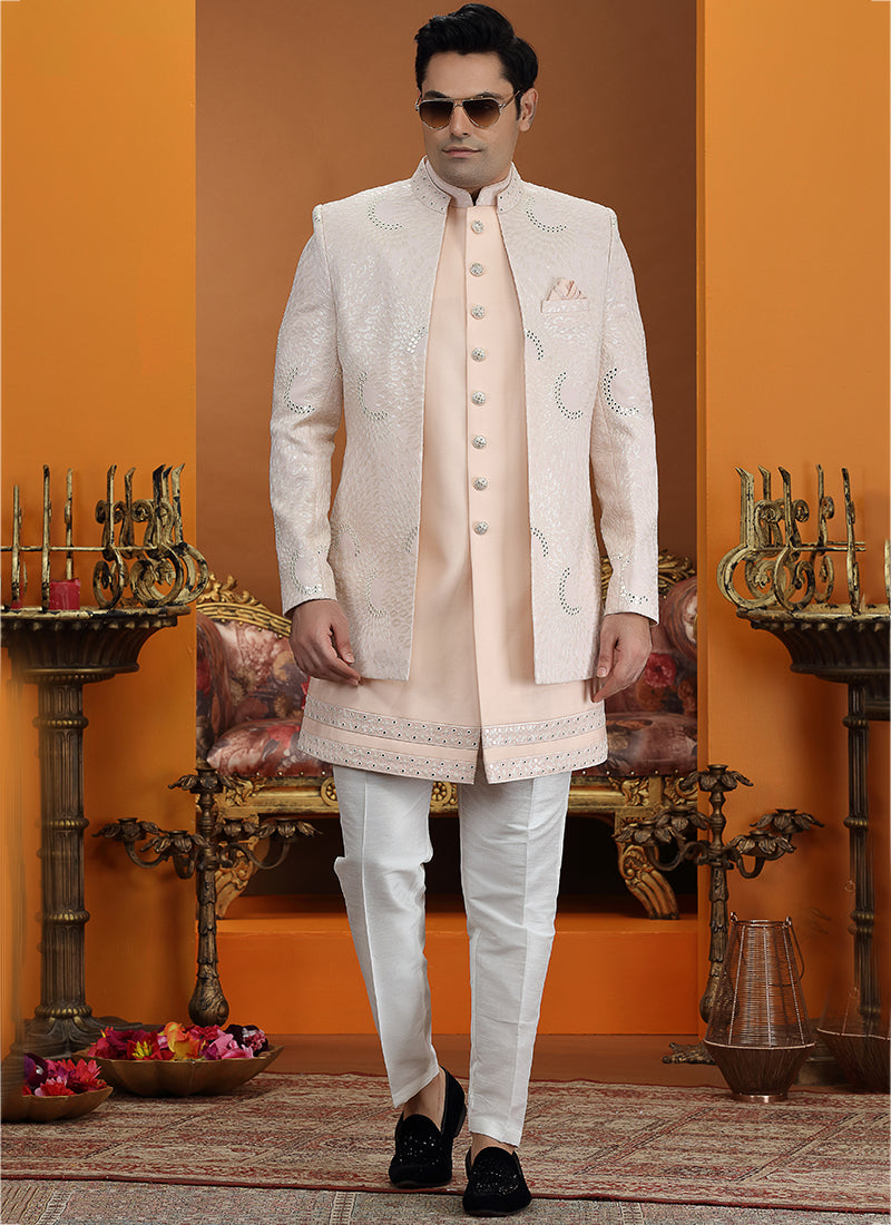 Peach Art Silk Computer Thread Work Wedding Wear Readymade Indowestern Sherwani SW591320