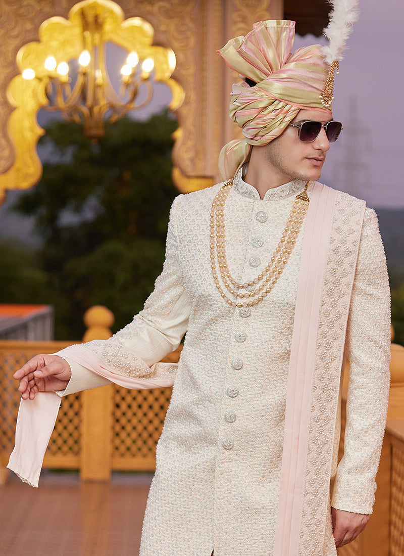 Peach Art Silk Thread Work Wedding Wear Readymade Indo Western Sherwani SW880331