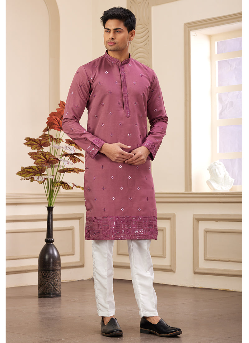 Peach Art Silk Readymade Kurta Pajama for Festive Occasions
