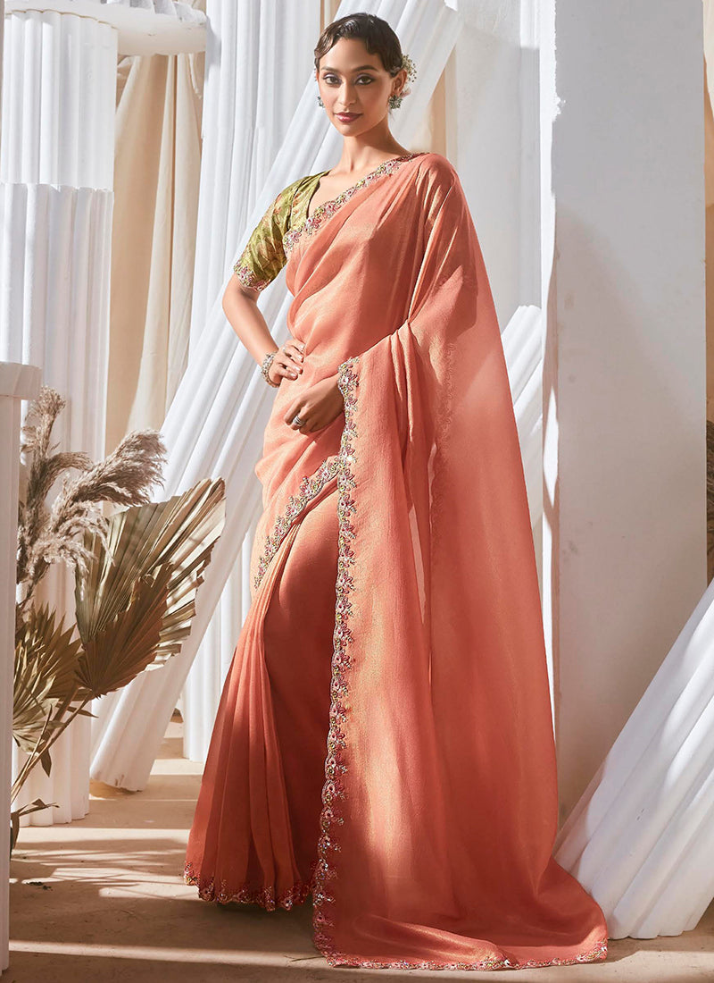 Fancy Peach Bridal Wear Saree with Lace Work 381697