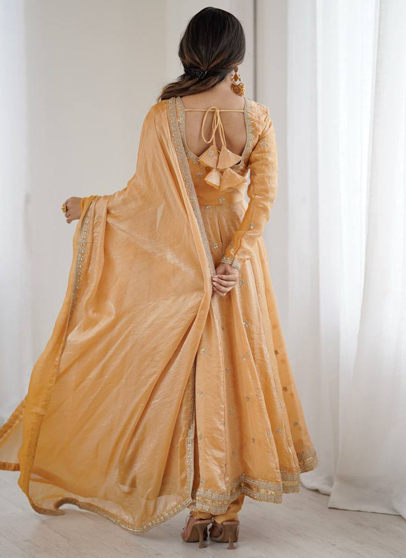 Fendy Silk Peach Casual Wear Sequins Work Readymade Anarkali Suit 388728