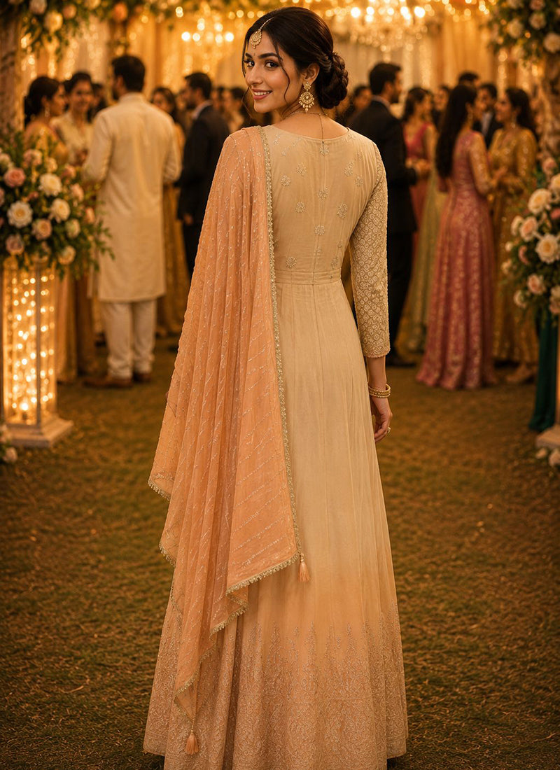 Peach Georgette Embroidery Work Occasional Wear Readymade Anarkali Suit SW825309