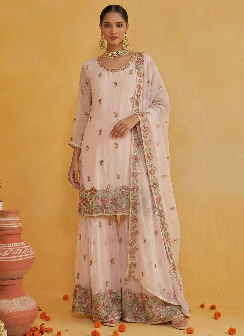 Peach Georgette Embroidery Work Party Wear Readymade Sharara Suit SW530613