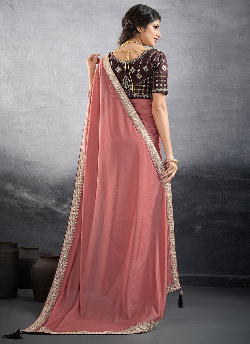 Georgette Peach Party Wear Embroidery Work Saree 385556