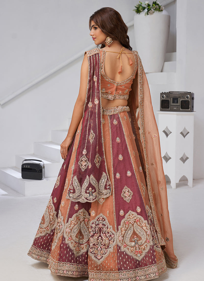 Georgette Peach Wedding Wear Zari Embroidery Work Lehenga Choli 385992