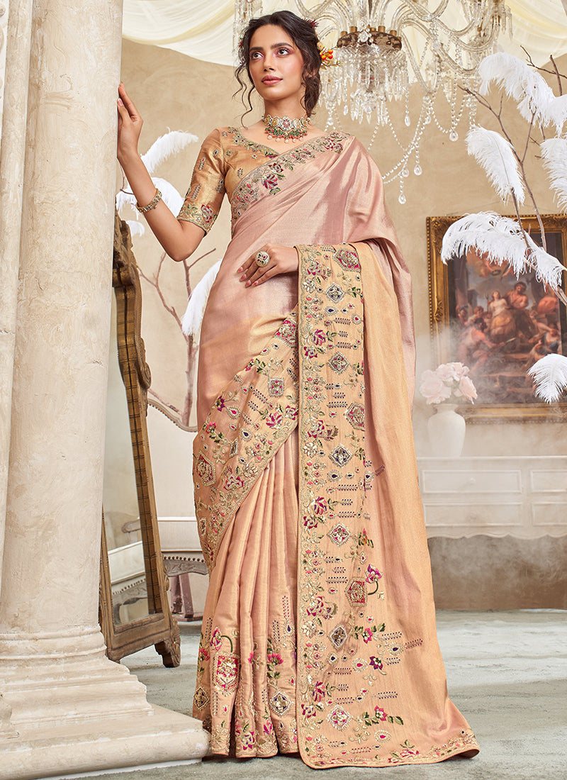 Peach Giraffe Viscose Silk Weaving Work Wedding Wear Wedding Saree SW925216