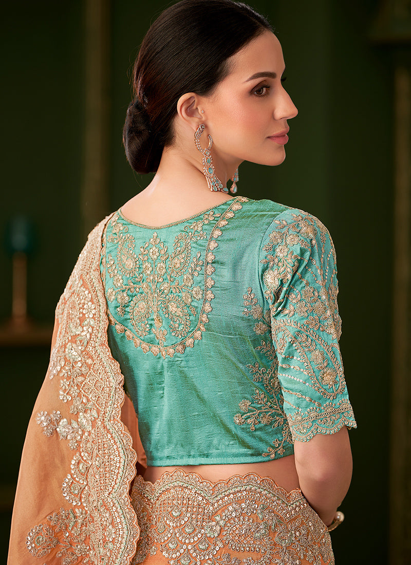 Georgette Silk Peach Gold Wedding Wear Zari Embroidery Work Saree 386652