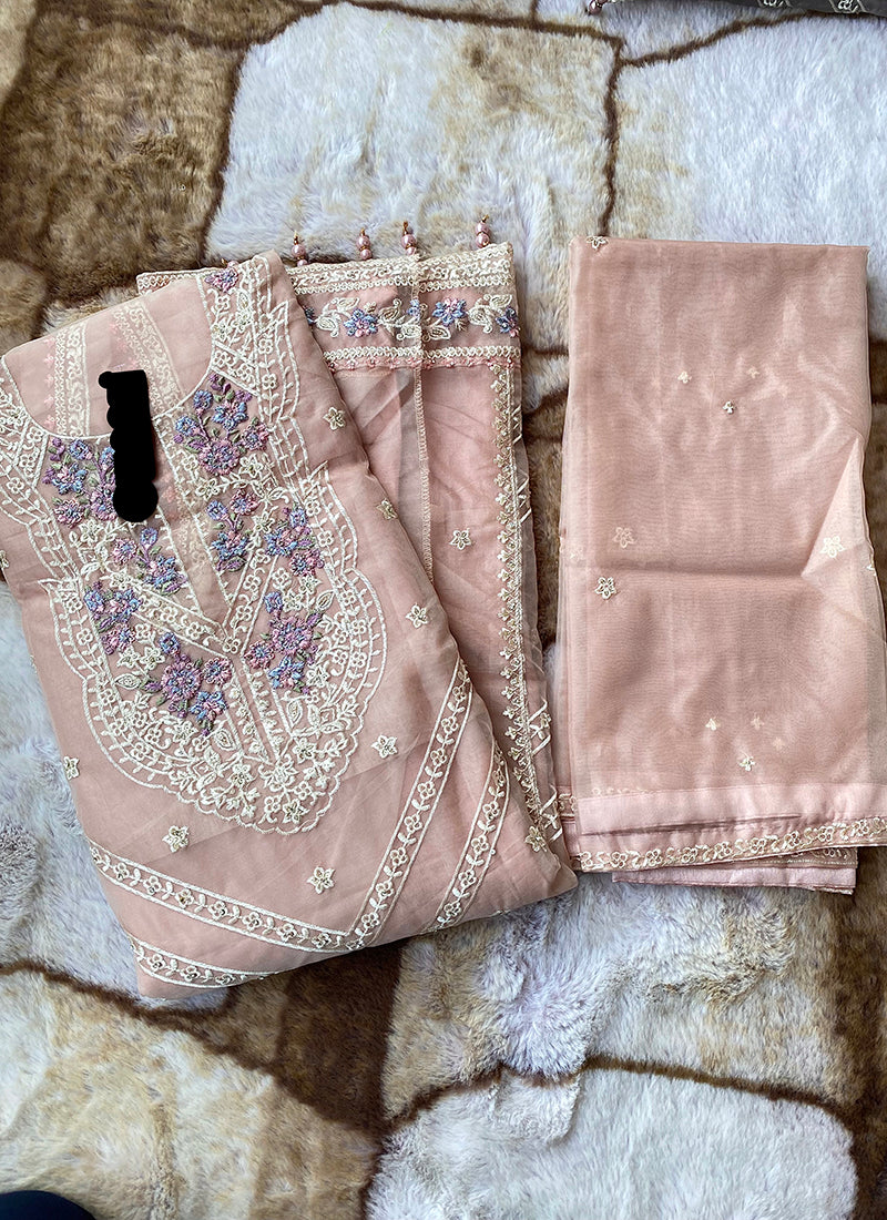 Heavy Organza Peach Eid Wear Embroidery Work Pakistani Suit 388307