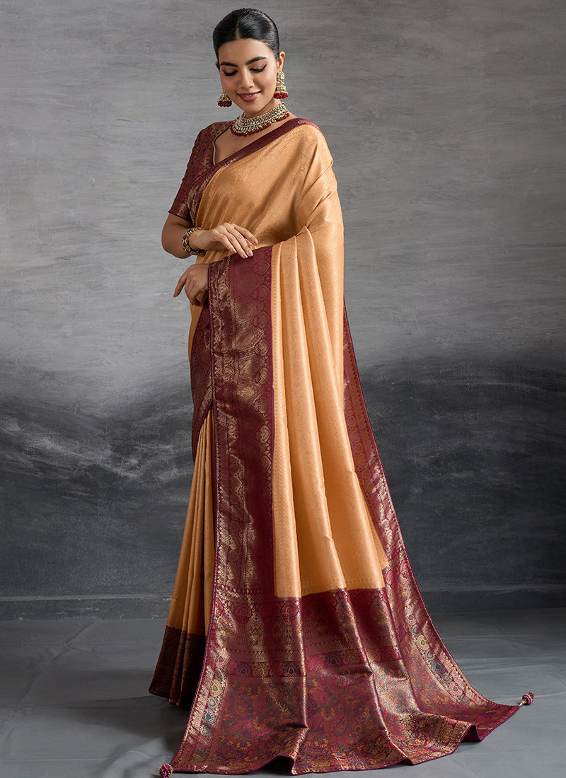Kanjivaram Silk Peach Saree with Zari Woven Work for Festival Wear 383036
