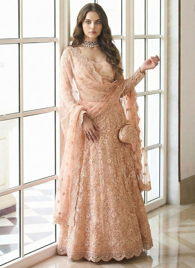 Peach Net Embroidery Work Occasional Wear Lehenga Choli SW671568