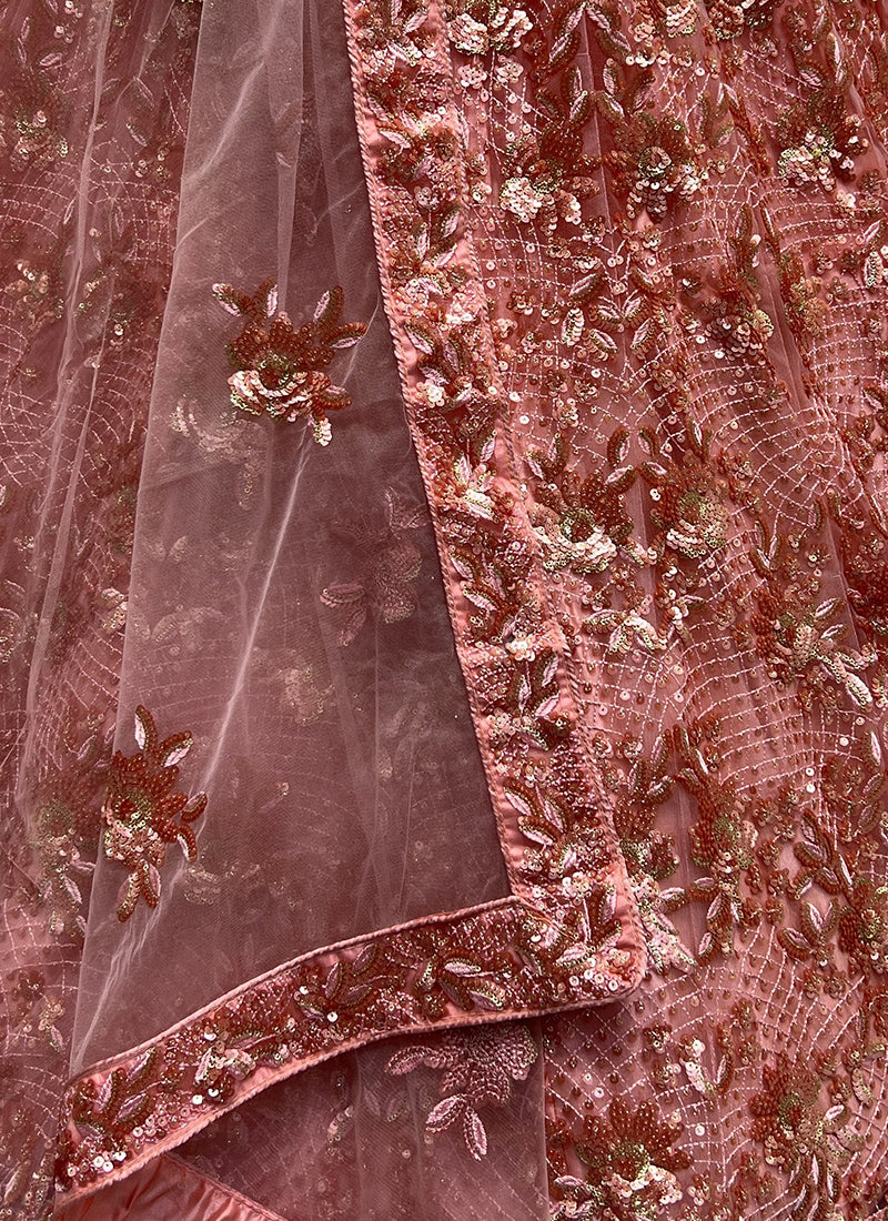 Peach Net Embroidery Work Occasional Wear Lehenga Choli SW822585