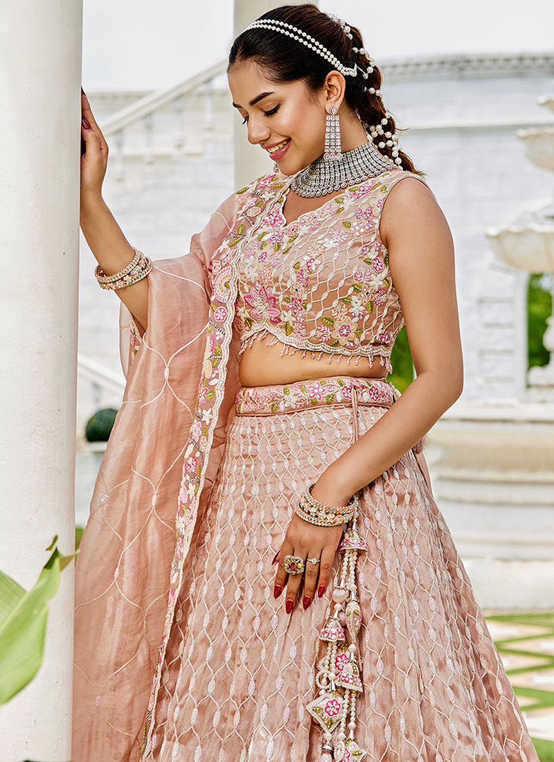 Satin Silk Peach Wedding Wear Heavy Embroidery Readymade Lehenga Choli