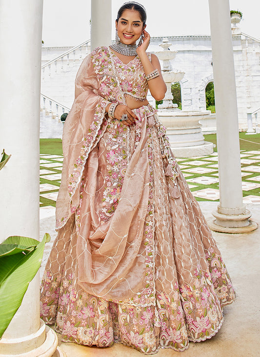 Satin Silk Peach Wedding Wear Heavy Embroidery Readymade Lehenga Choli