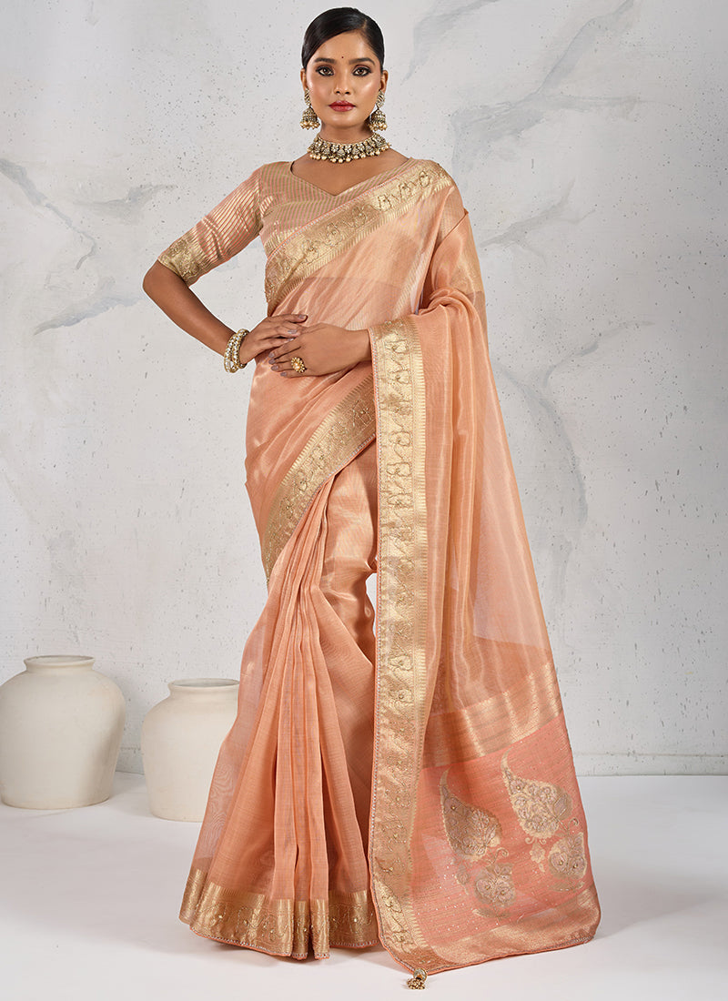 Tissue Linen Peach Saree with Zardosi Work for Bridal Wear 380353