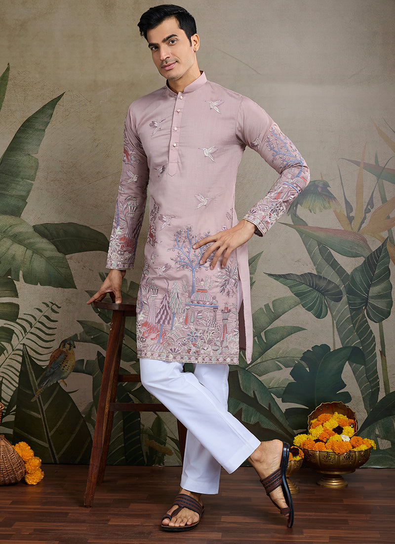 Viscose Silk Classic Peach Traditional Thread Work Readymade Kurta