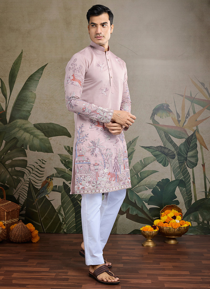 Viscose Silk Classic Peach Traditional Thread Work Readymade Kurta