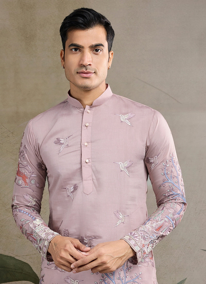 Viscose Silk Classic Peach Traditional Thread Work Readymade Kurta