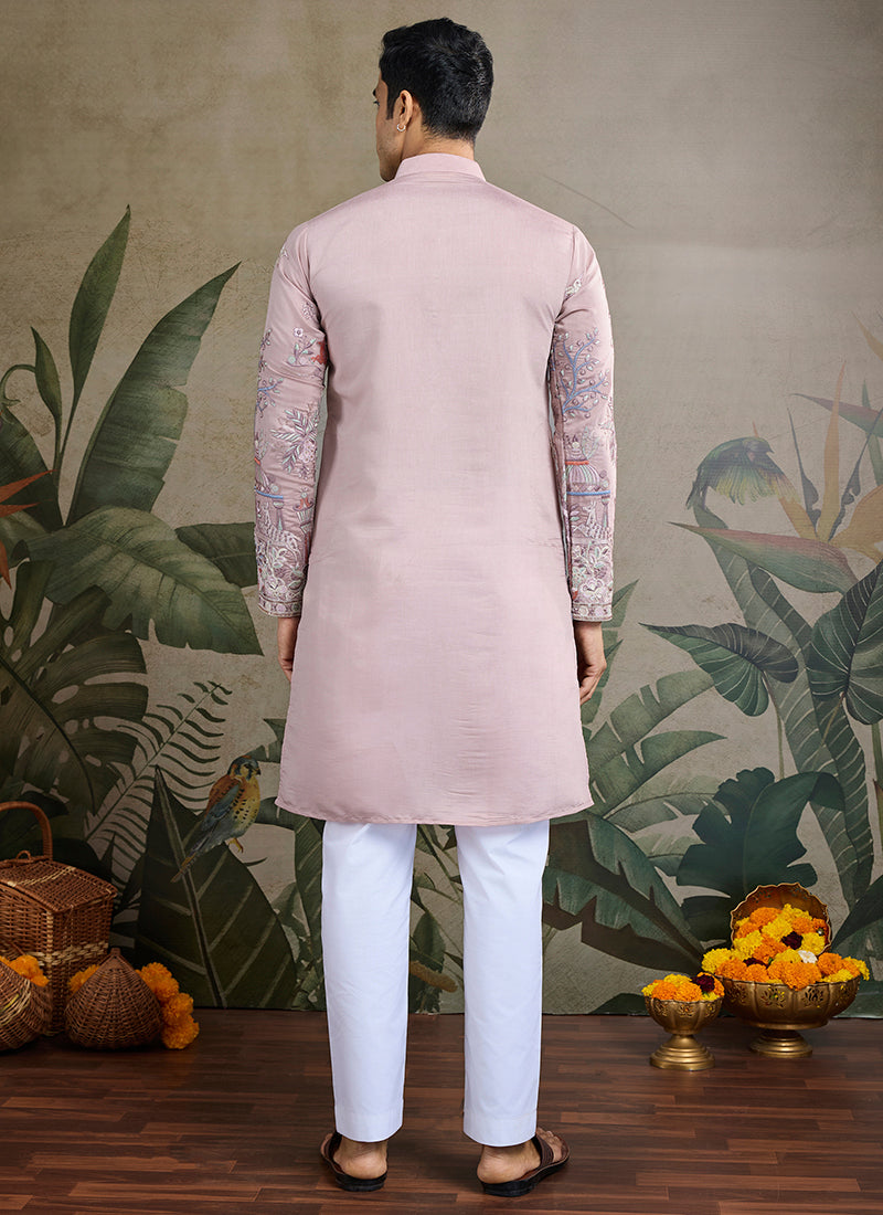 Viscose Silk Classic Peach Traditional Thread Work Readymade Kurta