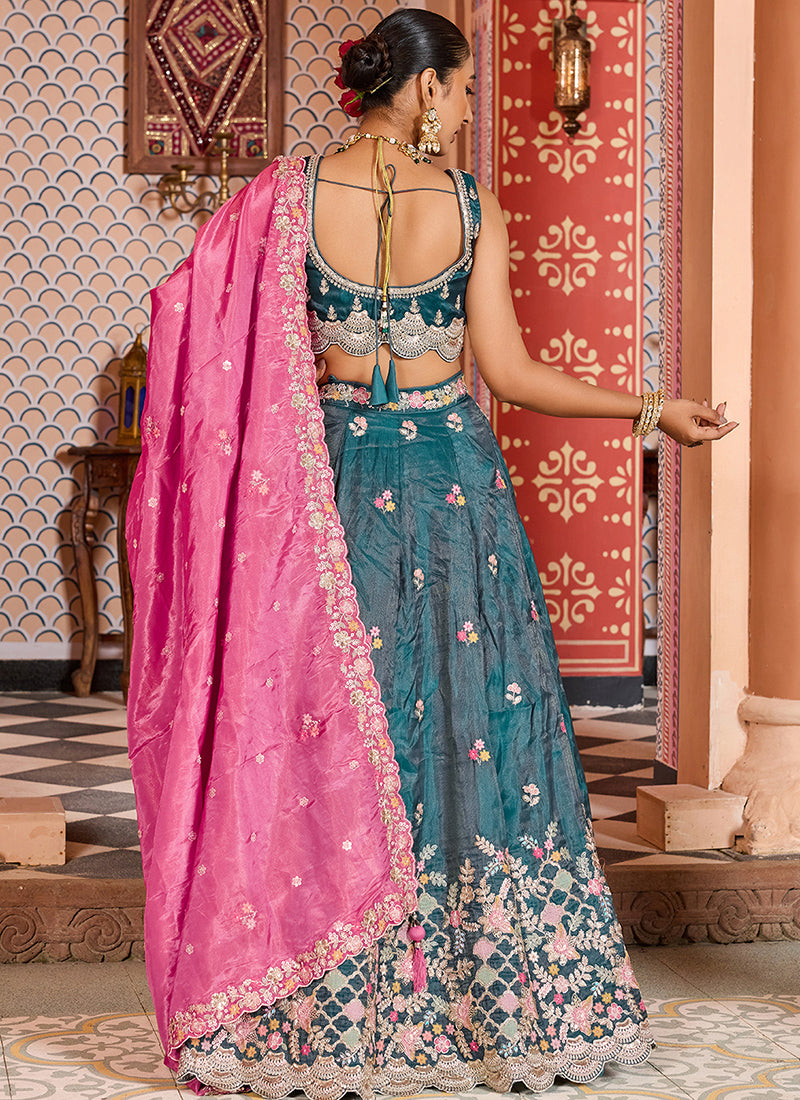 Tissue Peacock Blue Wedding Wear Embroidery Work Lehenga Choli 387203