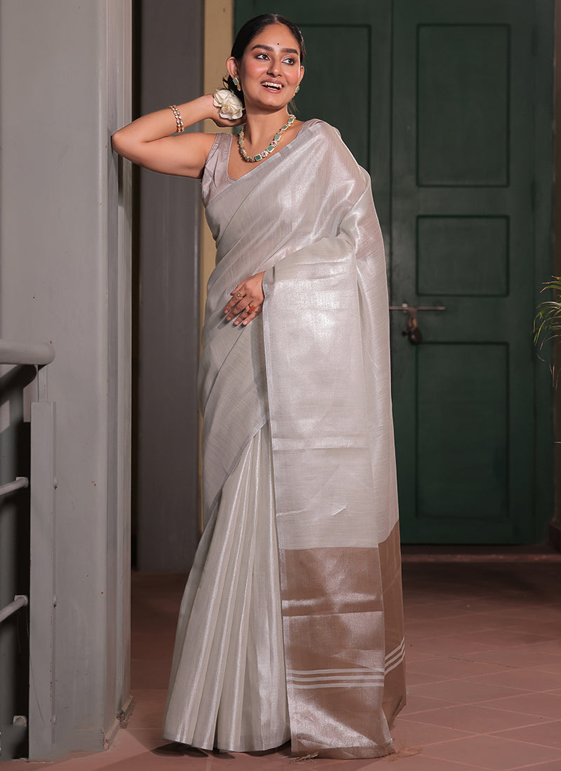 Tissue Silk Pearl White Saree with Weaving Work for Daily Wear 382891