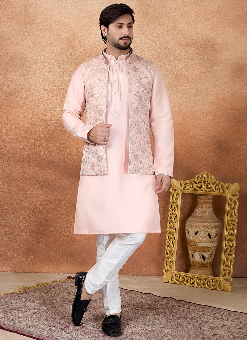 Pink Art Banarasi Silk Pintux Wedding Wear Readymade Modi Jacket Kurta Pajama SW553973