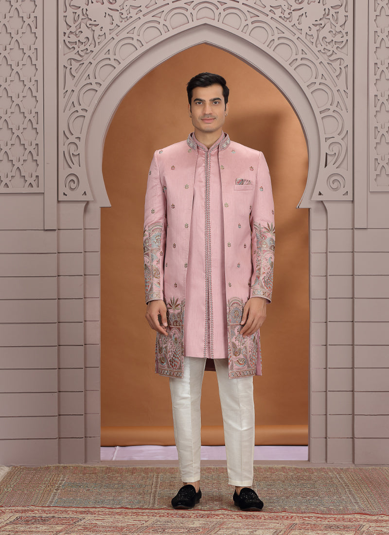 Art Silk Pink Wedding Wear Embroidery Work Readymade Indo Western Sherwani 386012
