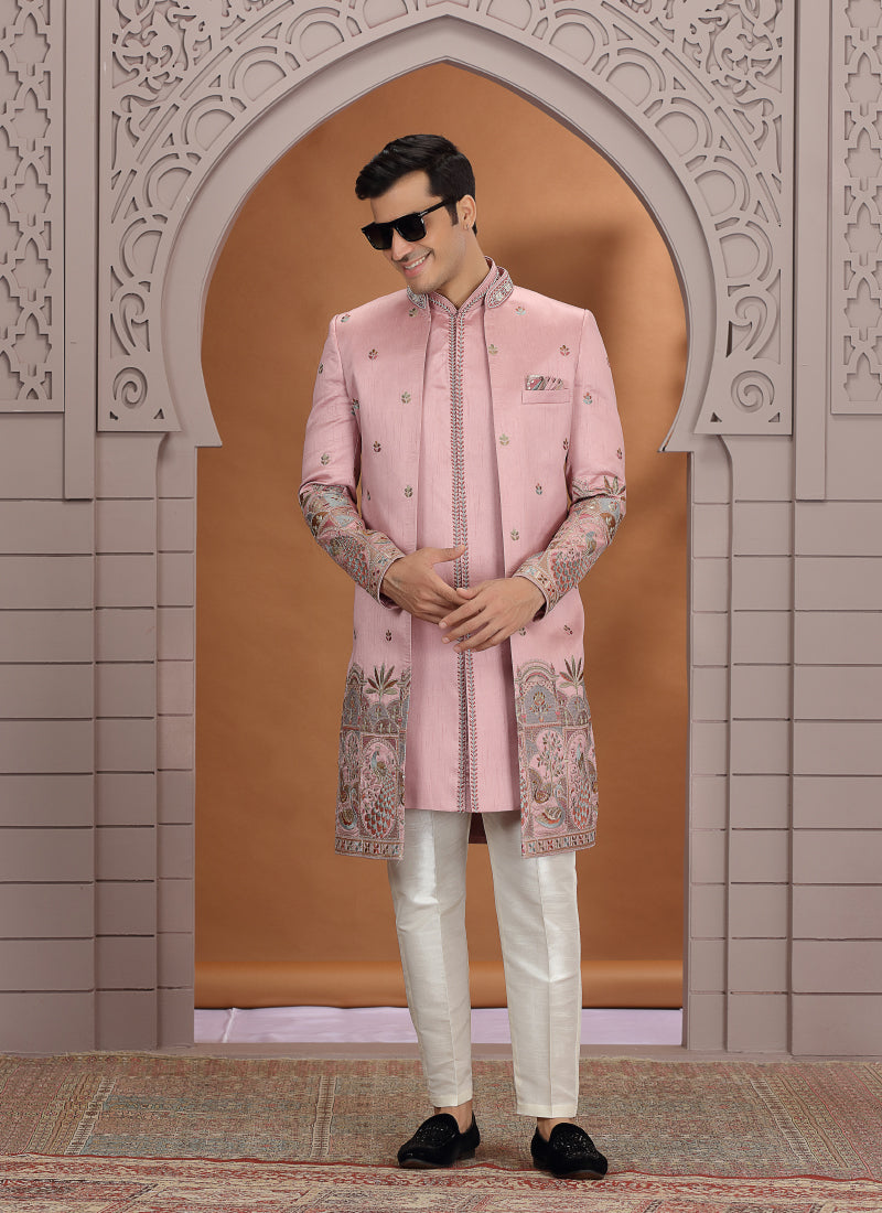 Art Silk Pink Wedding Wear Embroidery Work Readymade Indo Western Sherwani 386012