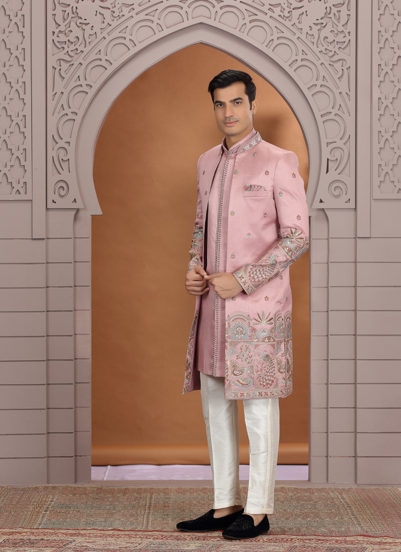 Art Silk Pink Wedding Wear Embroidery Work Readymade Indo Western Sherwani 386012