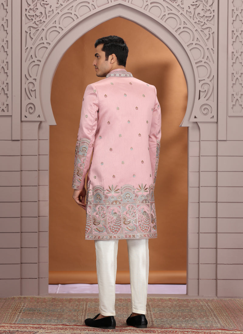 Art Silk Pink Wedding Wear Embroidery Work Readymade Indo Western Sherwani 386012