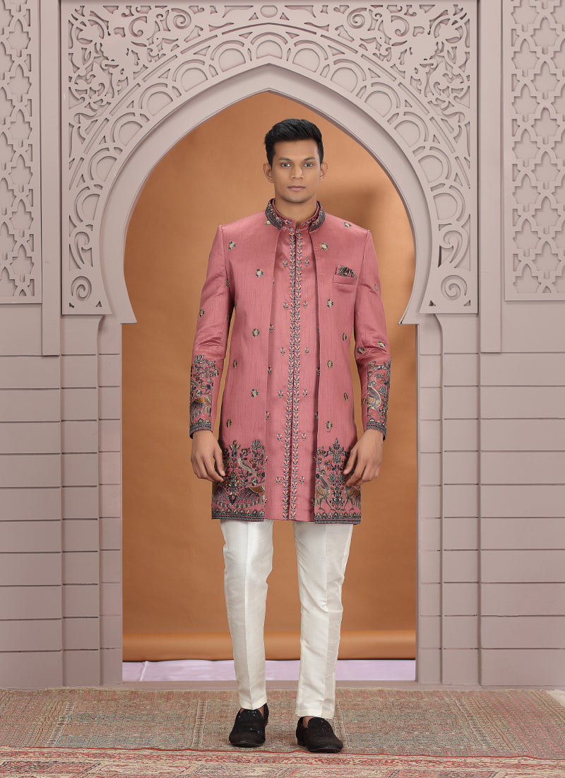 Art Silk Pink Wedding Wear Embroidery Work Readymade Indo Western Sherwani 386014