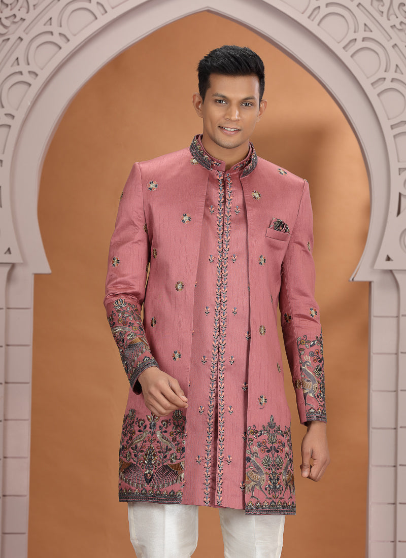 Art Silk Pink Wedding Wear Embroidery Work Readymade Indo Western Sherwani 386014