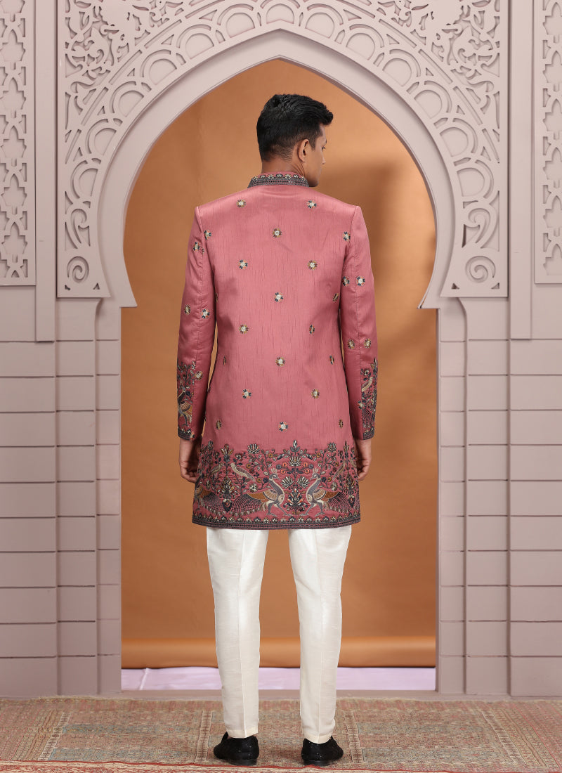 Art Silk Pink Wedding Wear Embroidery Work Readymade Indo Western Sherwani 386014