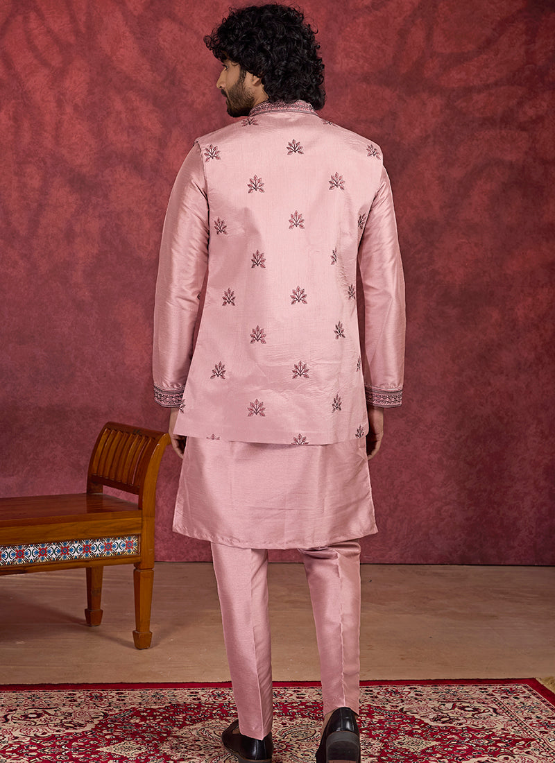 Art Silk Pink Wedding Wear Embroidery Work Readymade IndoWestern Sherwani 387390