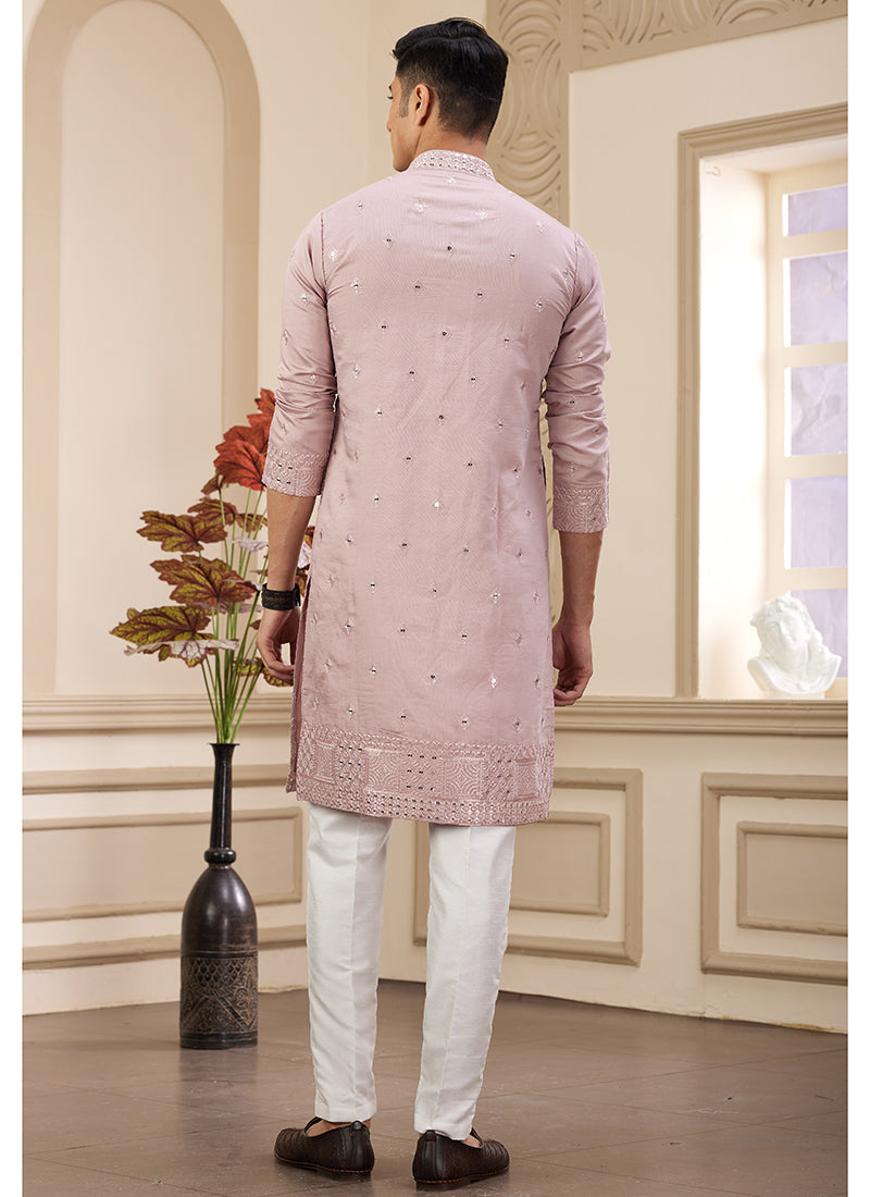 Stylish Pink Art Silk Kurta Pajama for Festive Wear with Sequins Work