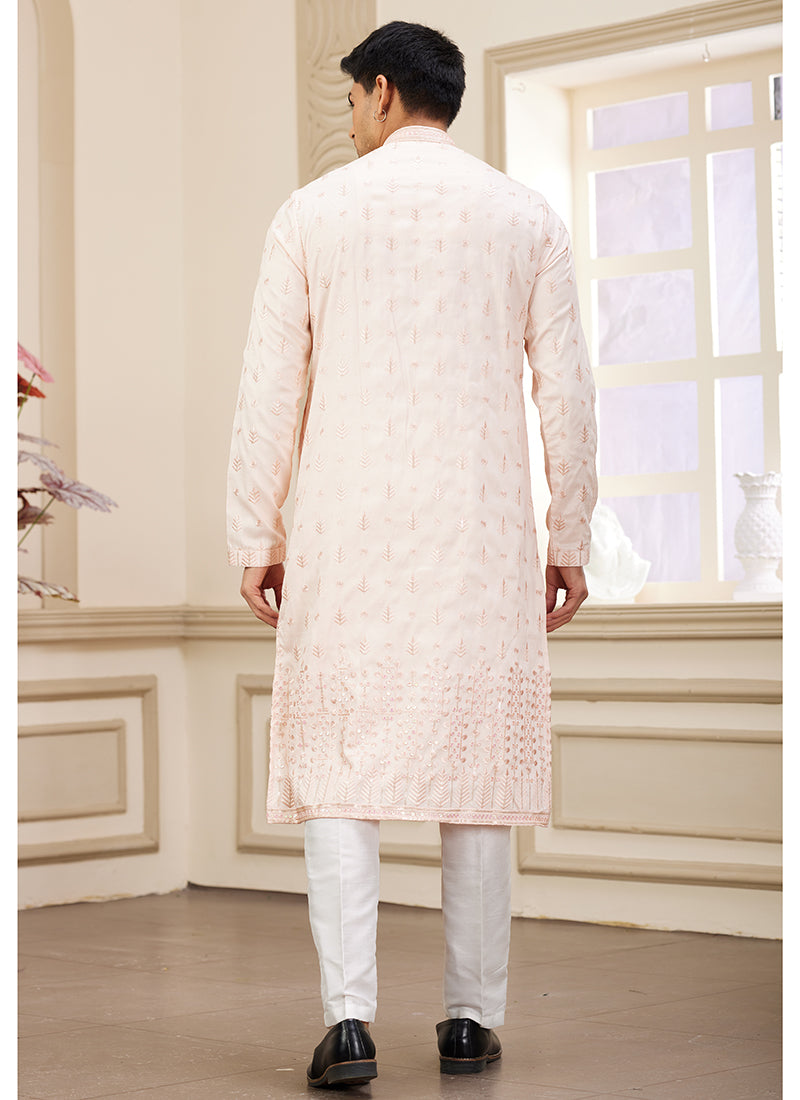 Sequin Embellished Pink Art Silk Kurta Pajama for Party Wear