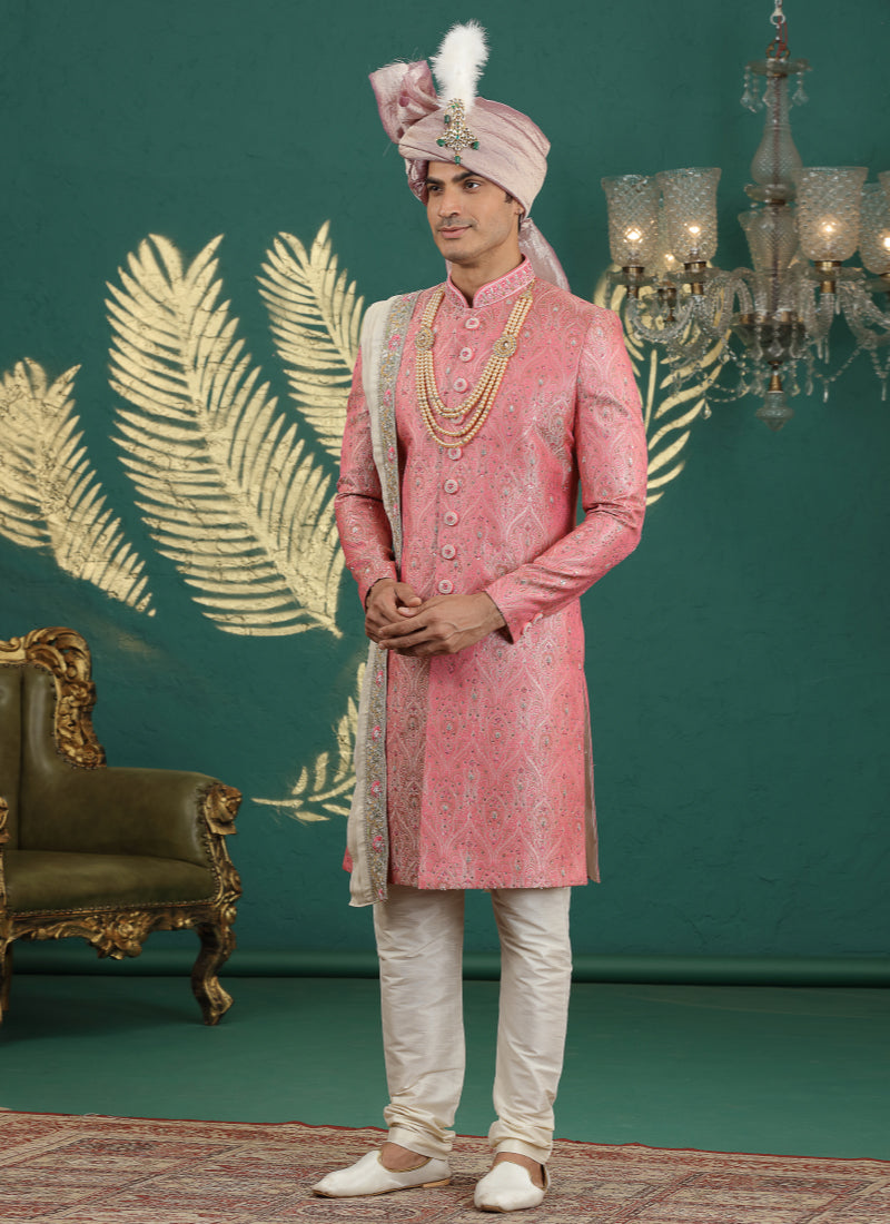 Banarasi Jacquard Pink Wedding Wear Hand Embroidery Readymade Groom Sherwani 385994