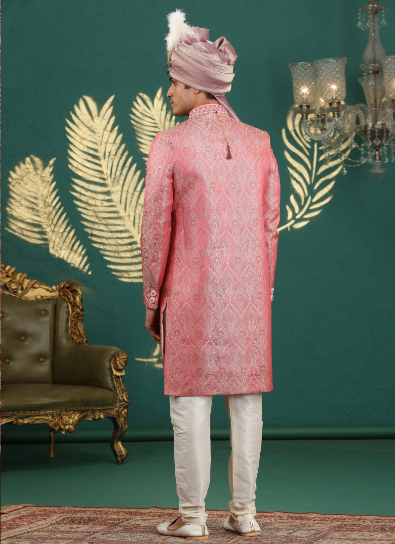 Banarasi Jacquard Pink Wedding Wear Hand Embroidery Readymade Groom Sherwani 385994