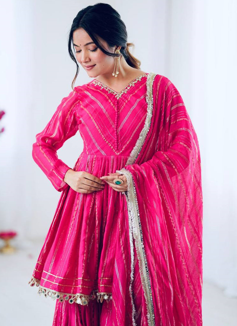 Chanderi Pink Festival Wear Embroidery Work Readymade Sharara Suit 385317